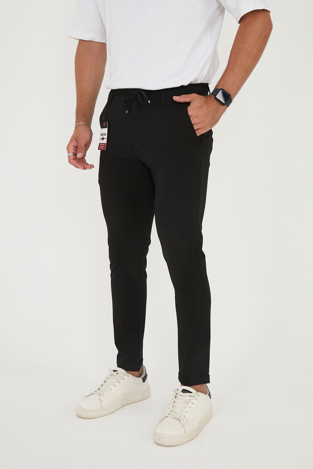 Erkek Jogger Slim Fit Bel Yarım Lastikli Duble Paça Kumaş Pantolon - Siyah
