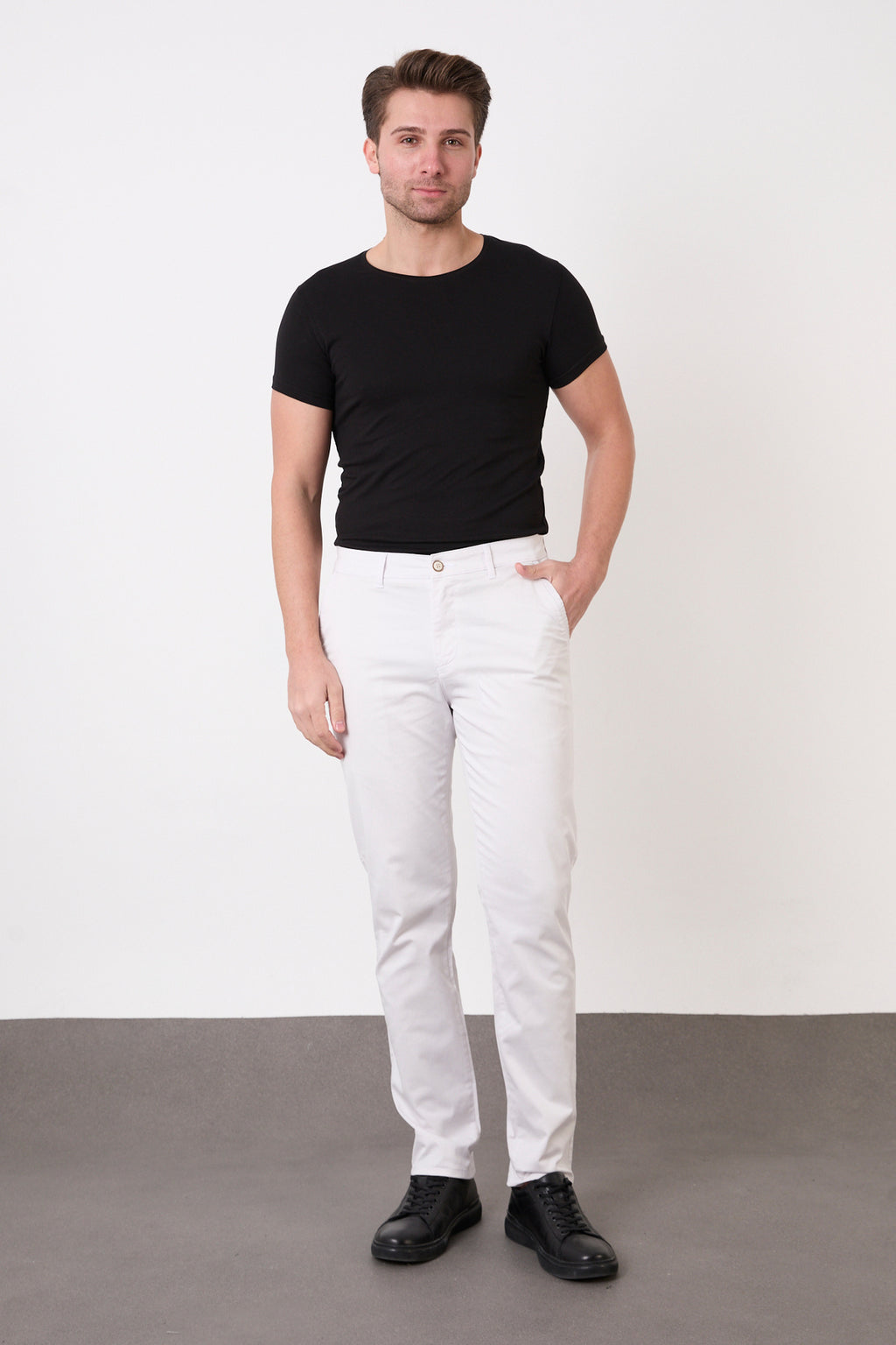 Erkek Regular Fit Geniş Kesim Likralı Pamuklu Chino Kanvas Pantolon - Taş