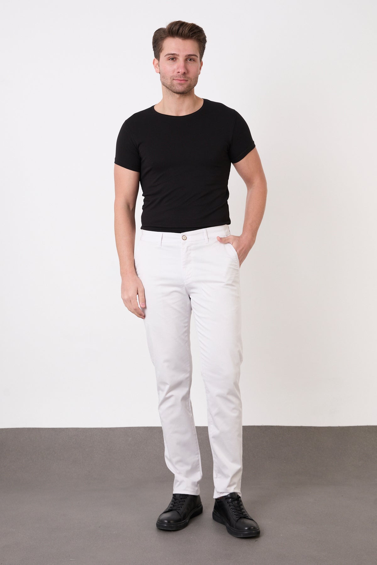 Erkek Regular Fit Geniş Kesim Likralı Pamuklu Chino Kanvas Pantolon - Taş