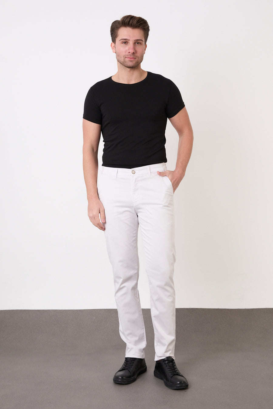 Erkek Regular Fit Geniş Kesim Likralı Pamuklu Chino Kanvas Pantolon - Taş