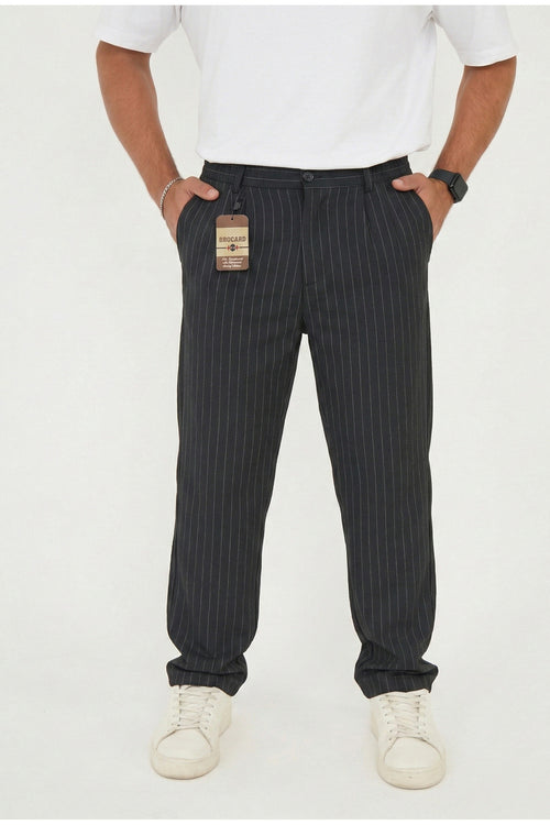 Erkek Çizgili Gofre Baggy Pantolon - Siyah
