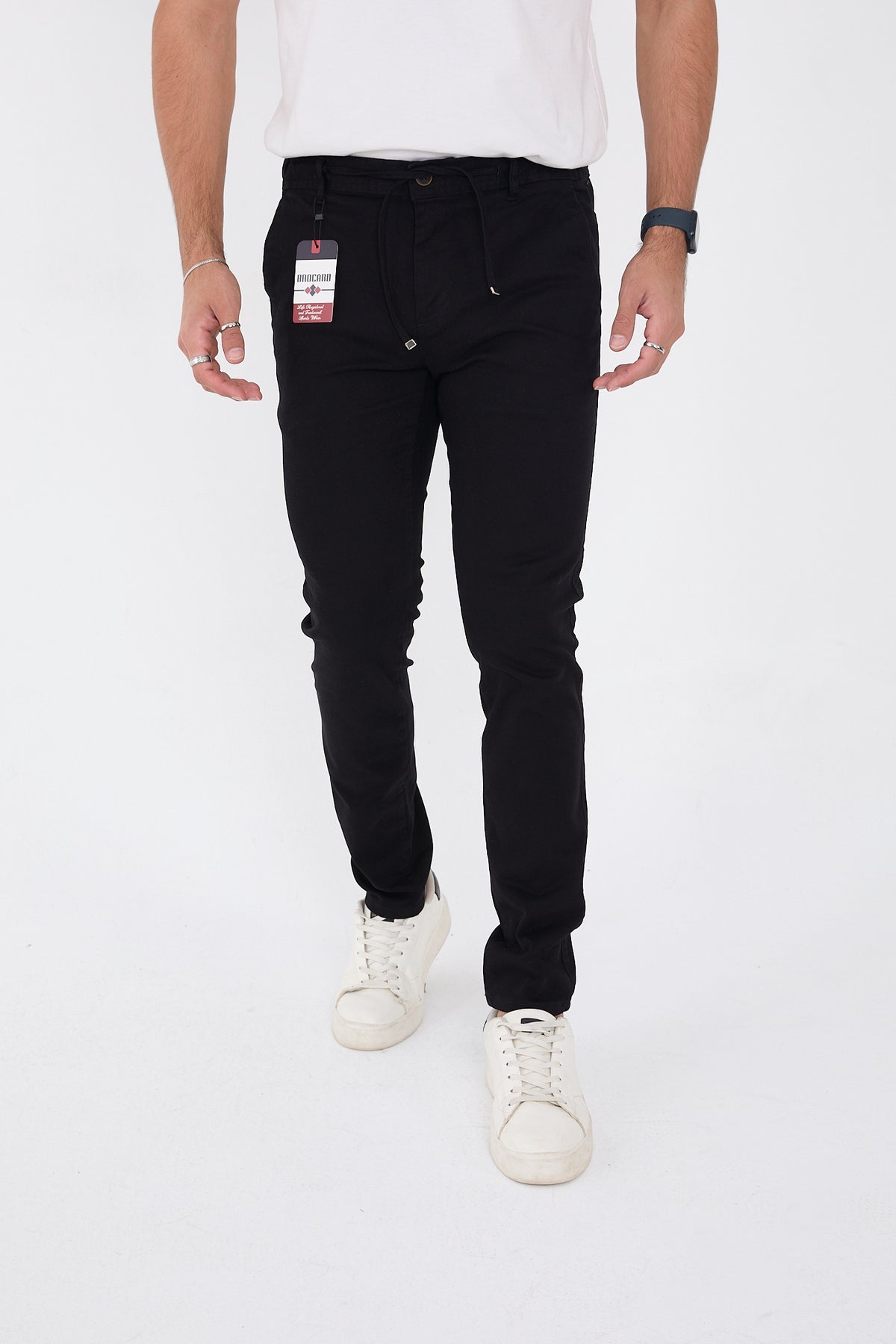 Erkek Mevsimlik Jogger Slim Fit Bel Yarım Lastikli Likralı Keten Pantolon - Siyah