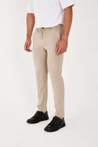 Erkek Jogger Slim Fit Bel Yarım Lastikli Likralı Kumaş Pantolon - Bej