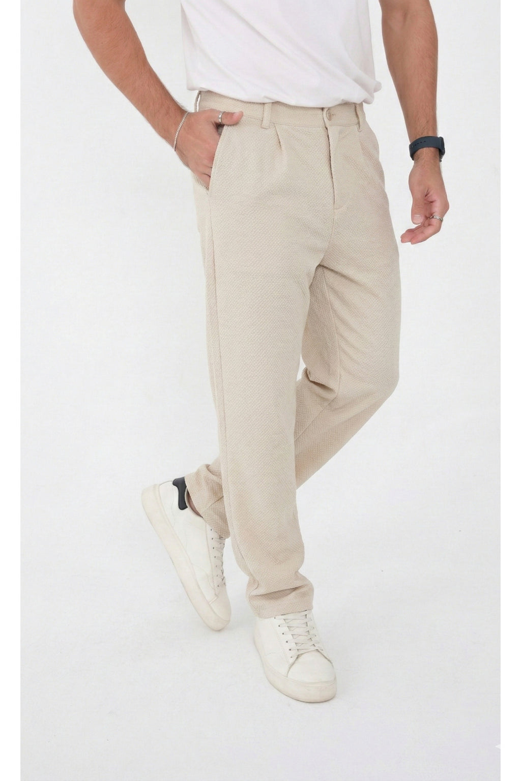Erkek Çizgili Gofre Baggy Pantolon - Krem