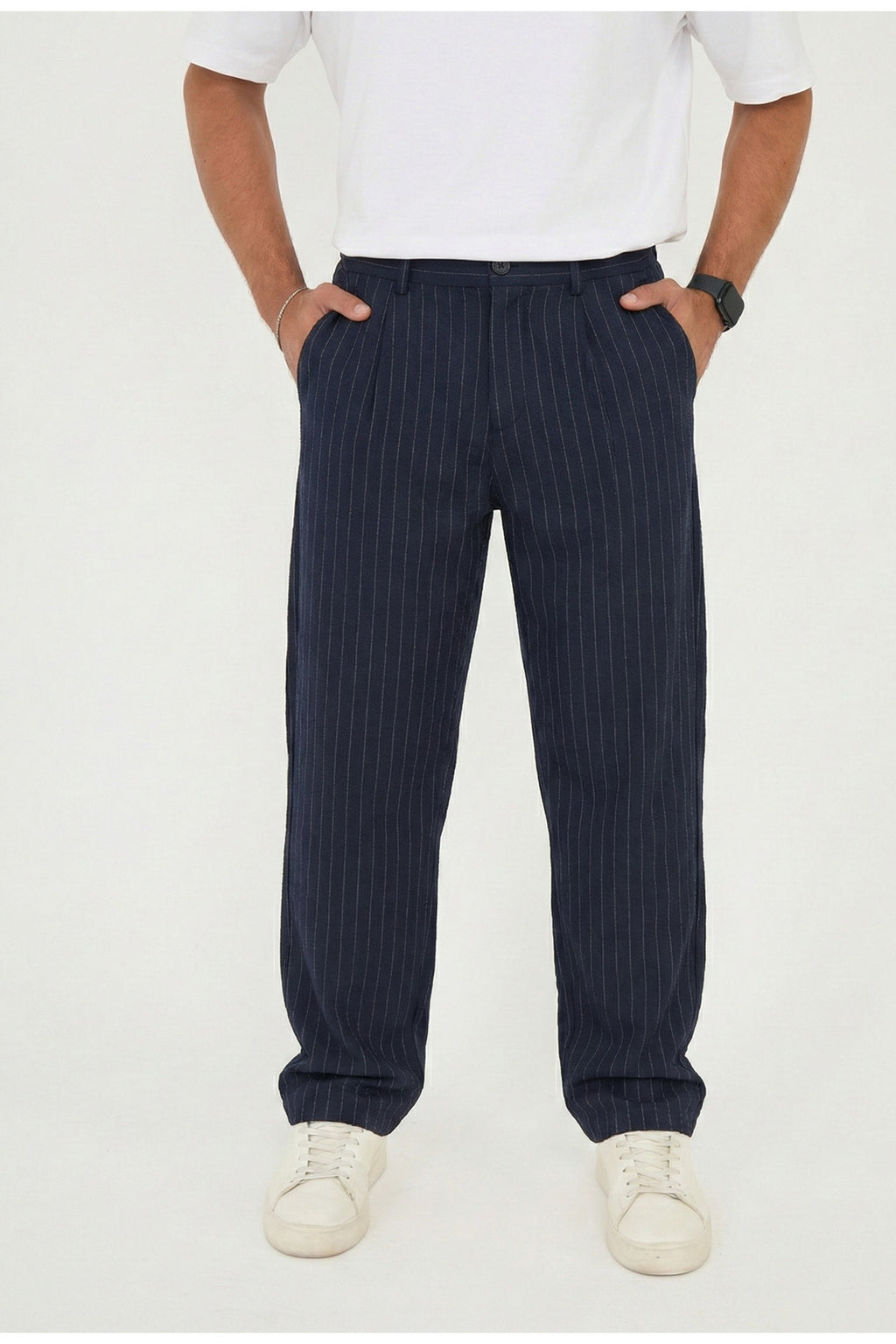 Erkek Çizgili Gofre Baggy Pantolon - Lacivert