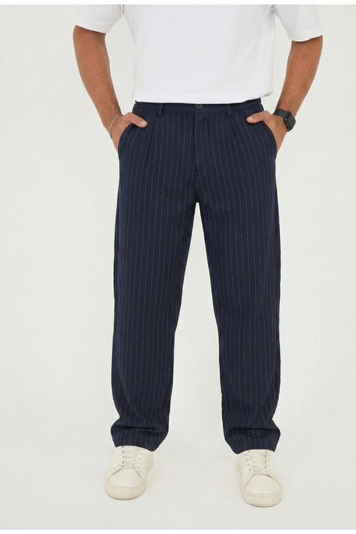 Erkek Çizgili Gofre Baggy Pantolon - Lacivert