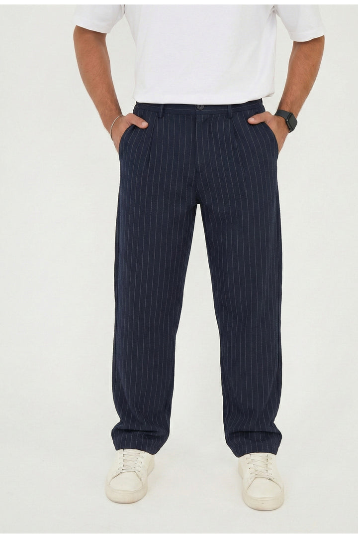 Erkek Çizgili Gofre Baggy Pantolon - Lacivert