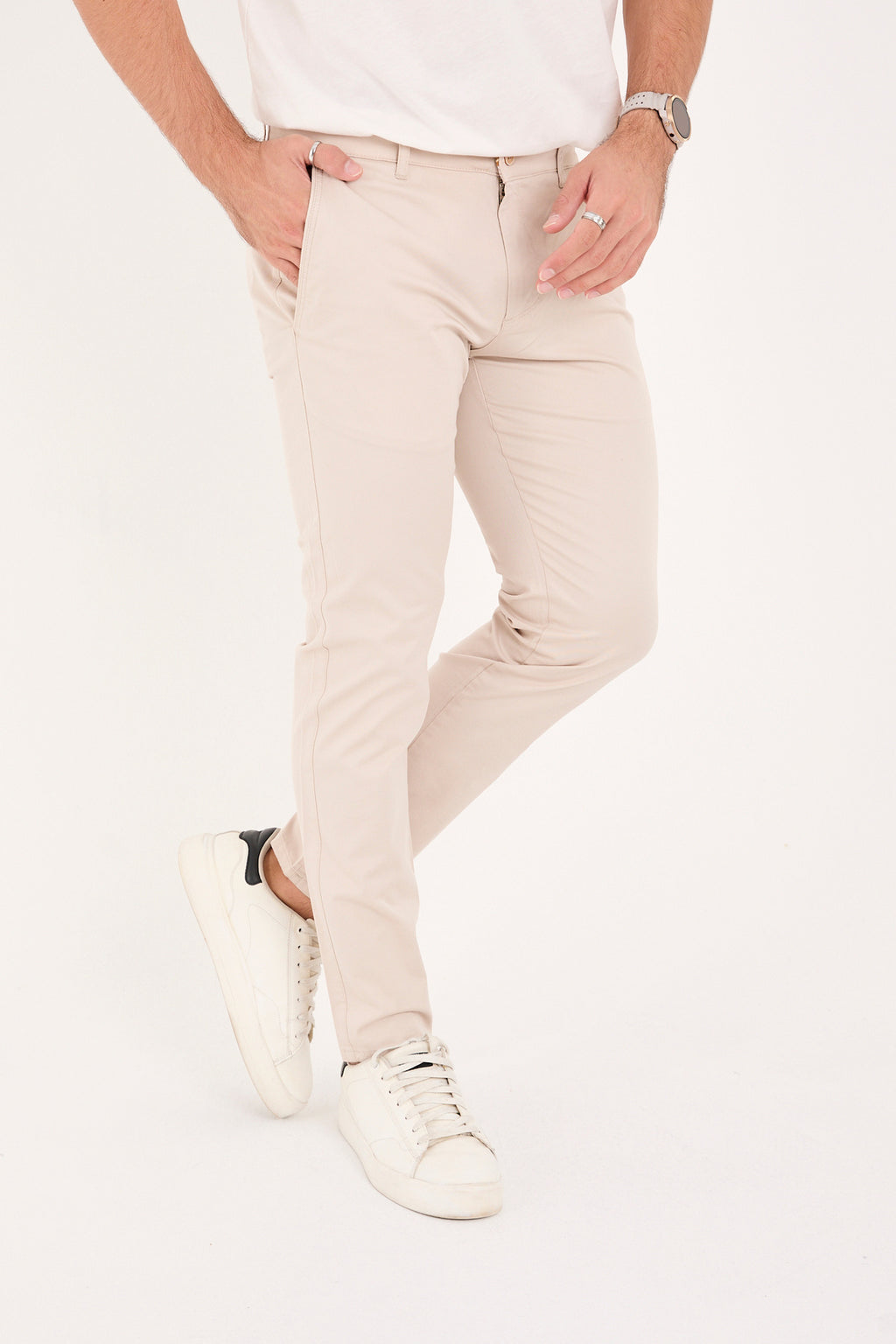 Erkek Slim Fit Dar Kesim Likralı Pamuklu Chino Kanvas Pantolon - Bej