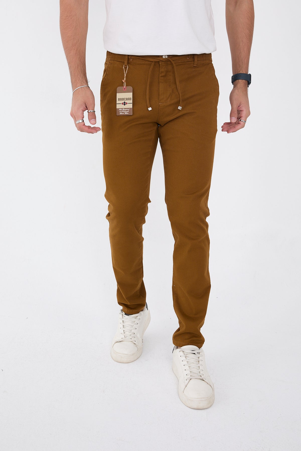 Erkek Mevsimlik Jogger Slim Fit Bel Yarım Lastikli Likralı Keten Pantolon - Camel