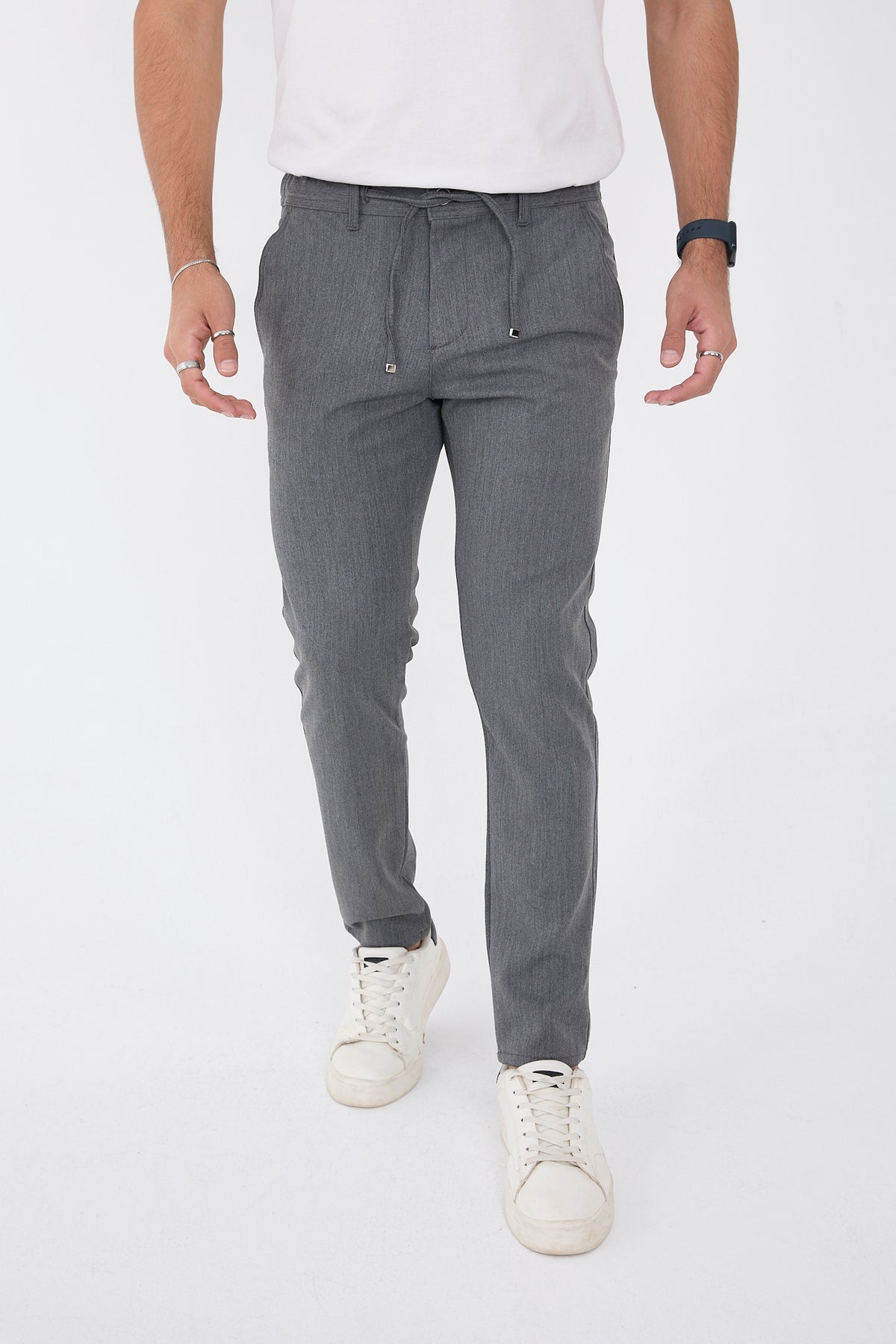 Erkek Kışlık Jogger Slim Fit Bel Yarım Lastikli Kumaş Pantolon - Koyu Gri