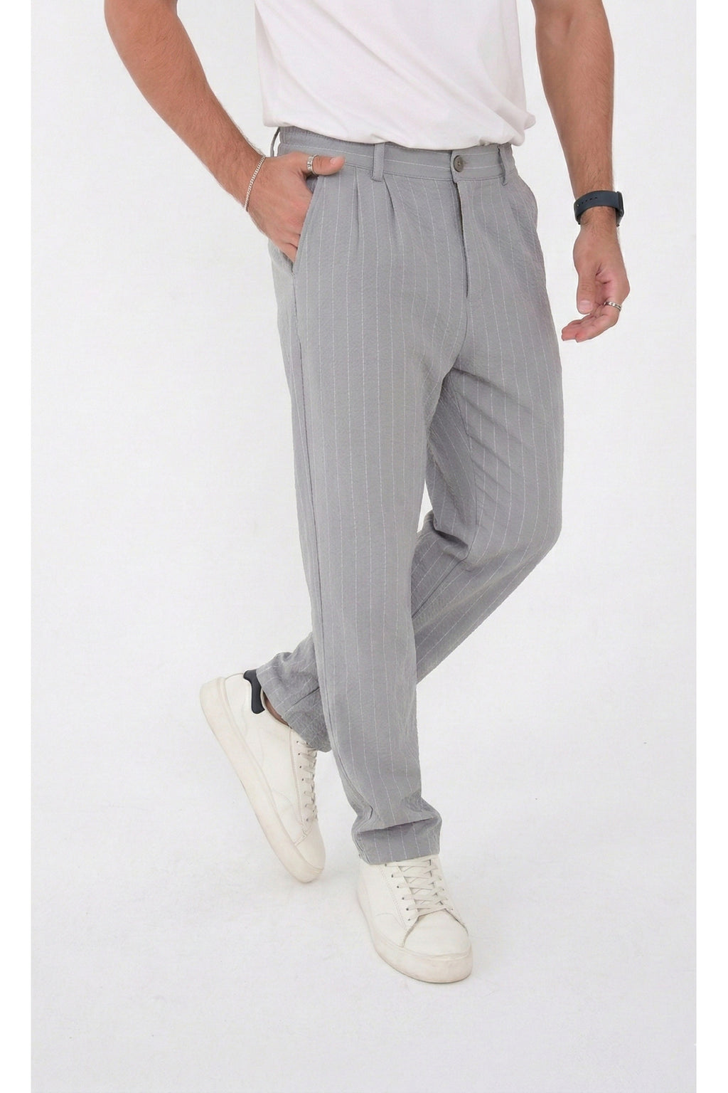 Erkek Çizgili Gofre Baggy Pantolon - Gri