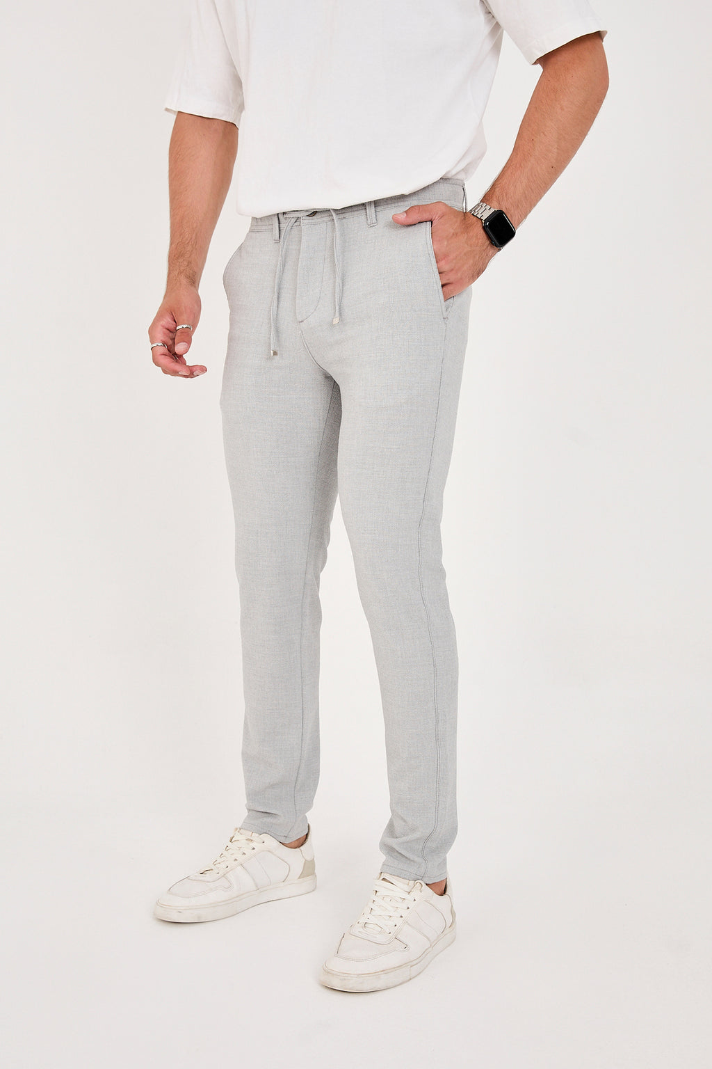 Erkek Gofre Kumaş Likralı Jogger Slim Fit Pantolon - Açık Gri