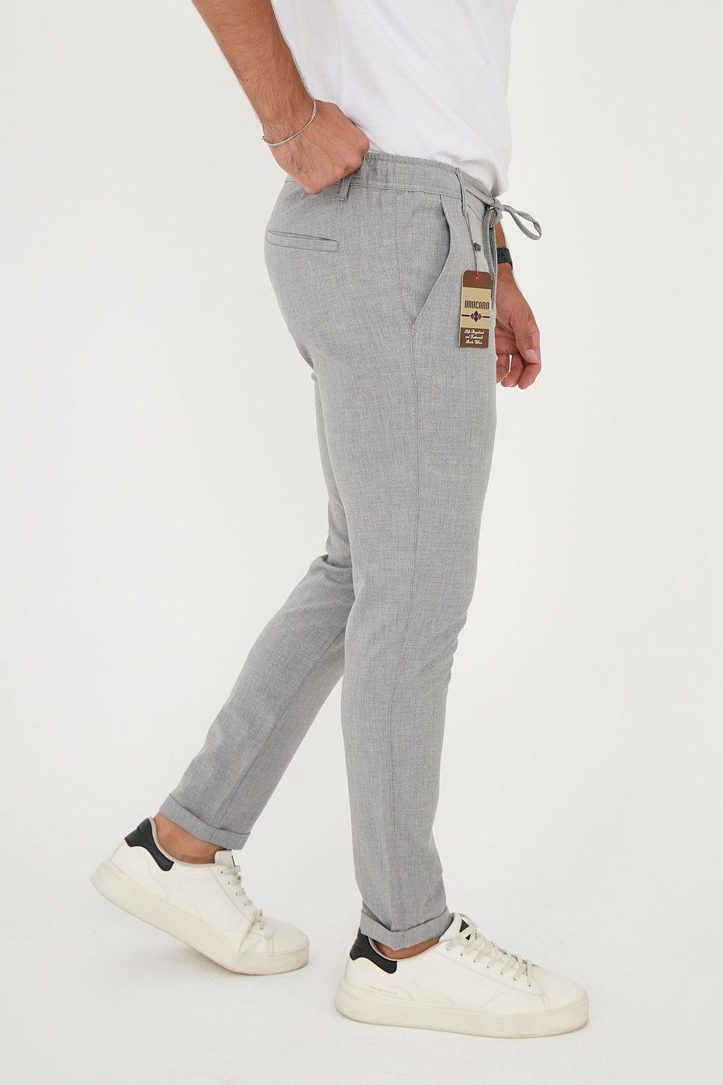 Erkek Jogger Slim Fit Bel Yarım Lastikli Duble Paça Kumaş Pantolon - Gri