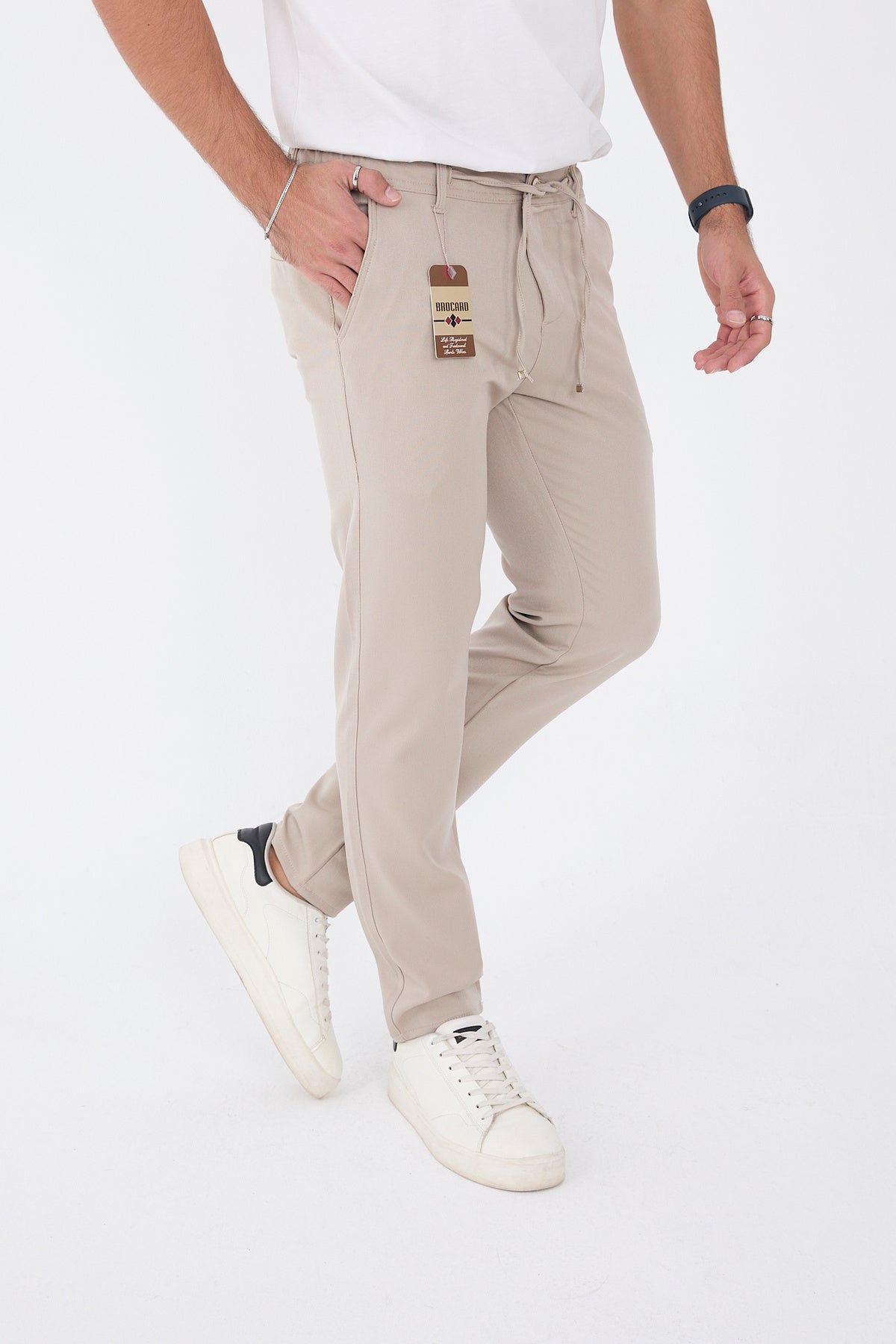 Erkek Kışlık Jogger Slim Fit Bel Yarım Lastikli Kumaş Pantolon - Bej
