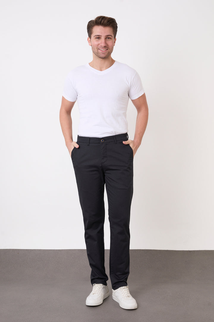 Erkek Regular Fit Geniş Kesim Likralı Pamuklu Chino Kanvas Pantolon - Lacivert