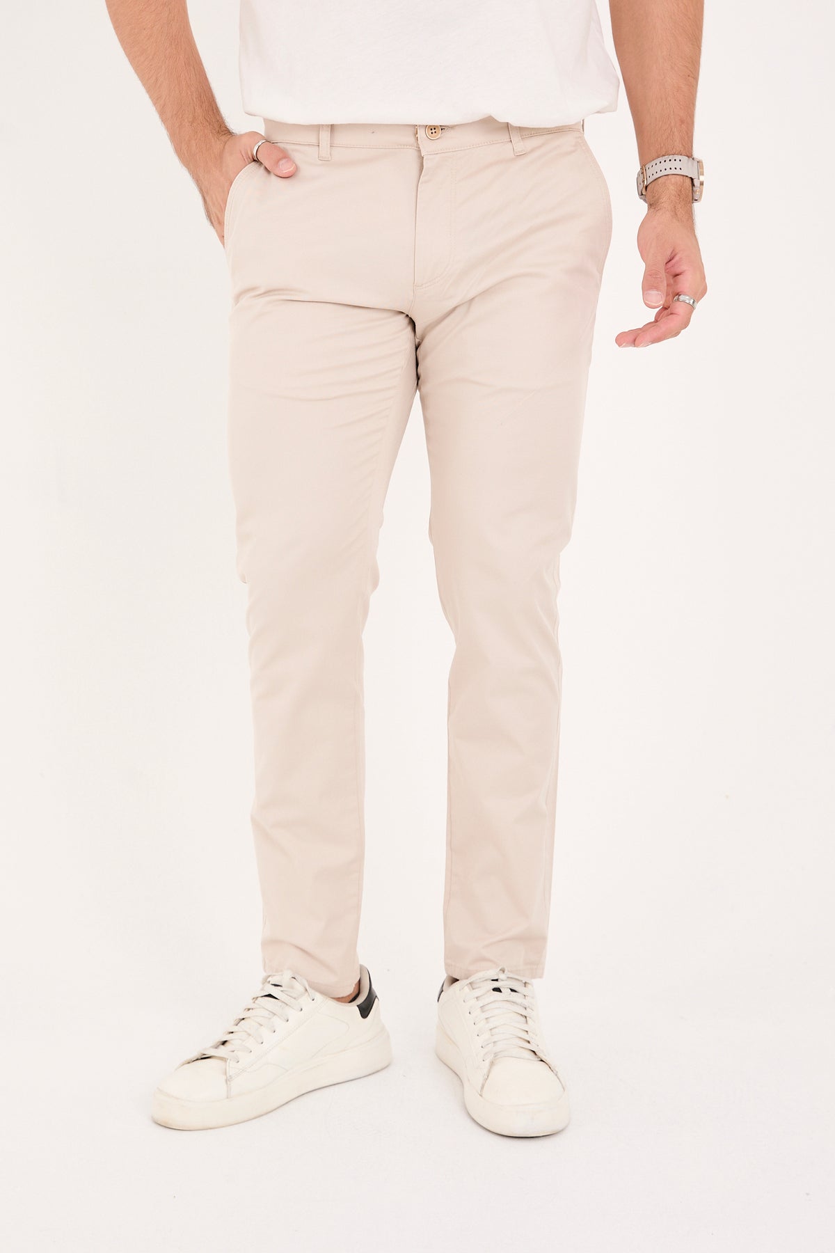 Erkek Slim Fit Dar Kesim Likralı Pamuklu Chino Kanvas Pantolon - Bej