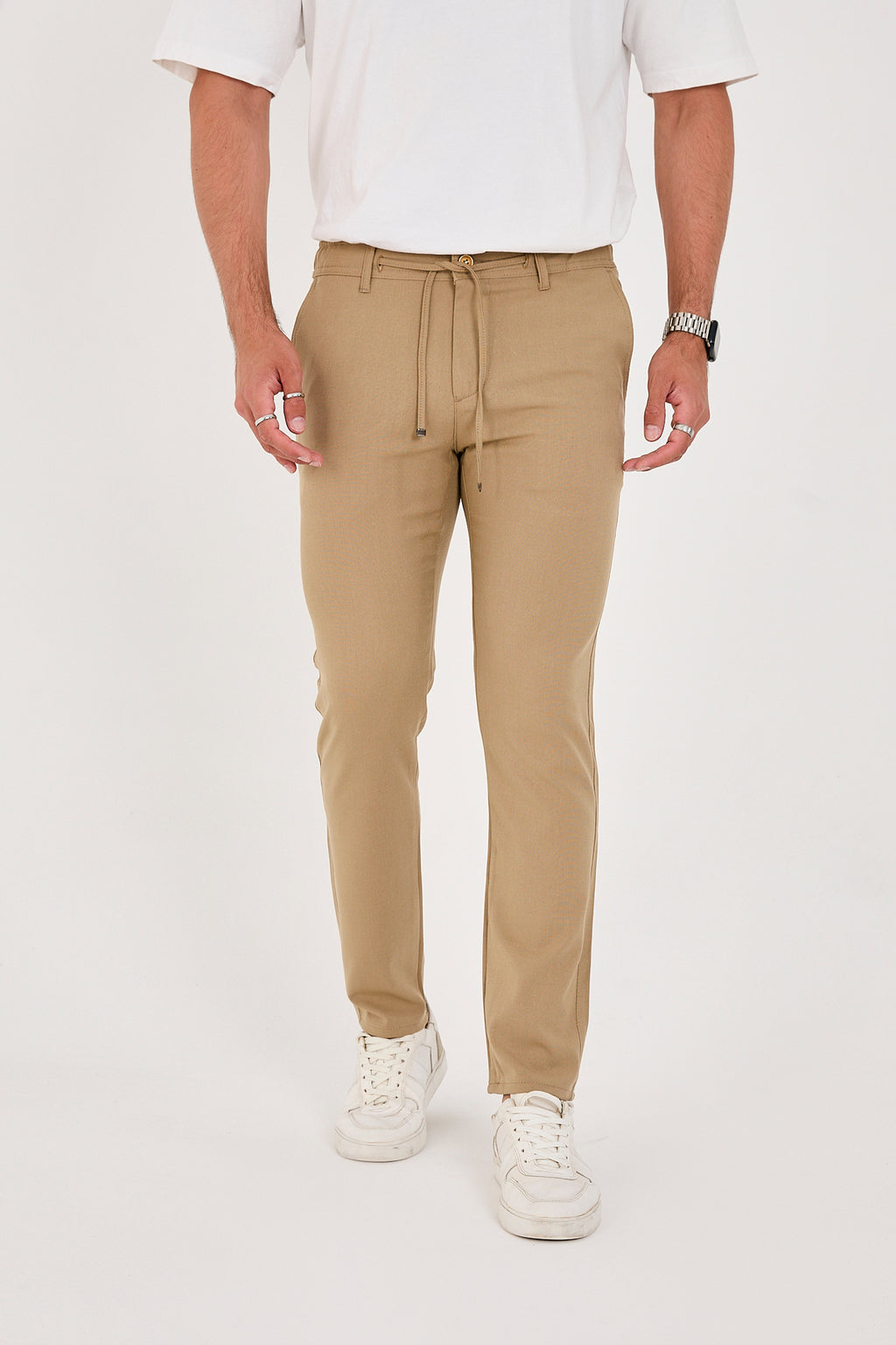 Erkek Jogger Slim Fit Bel Yarım Lastikli Likralı Kumaş Pantolon - Vizon