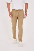 Erkek Jogger Slim Fit Bel Yarım Lastikli Likralı Kumaş Pantolon - Vizon