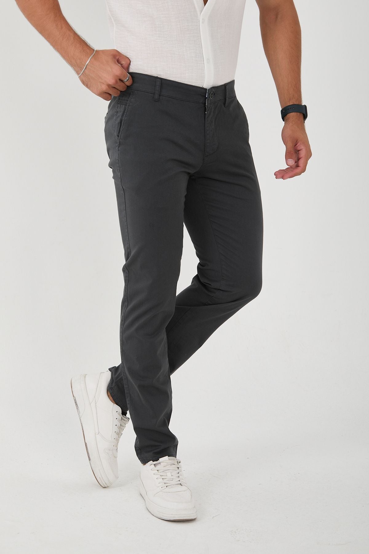 Erkek Likralı Slim Fit Chino Pantolon - Antrasit