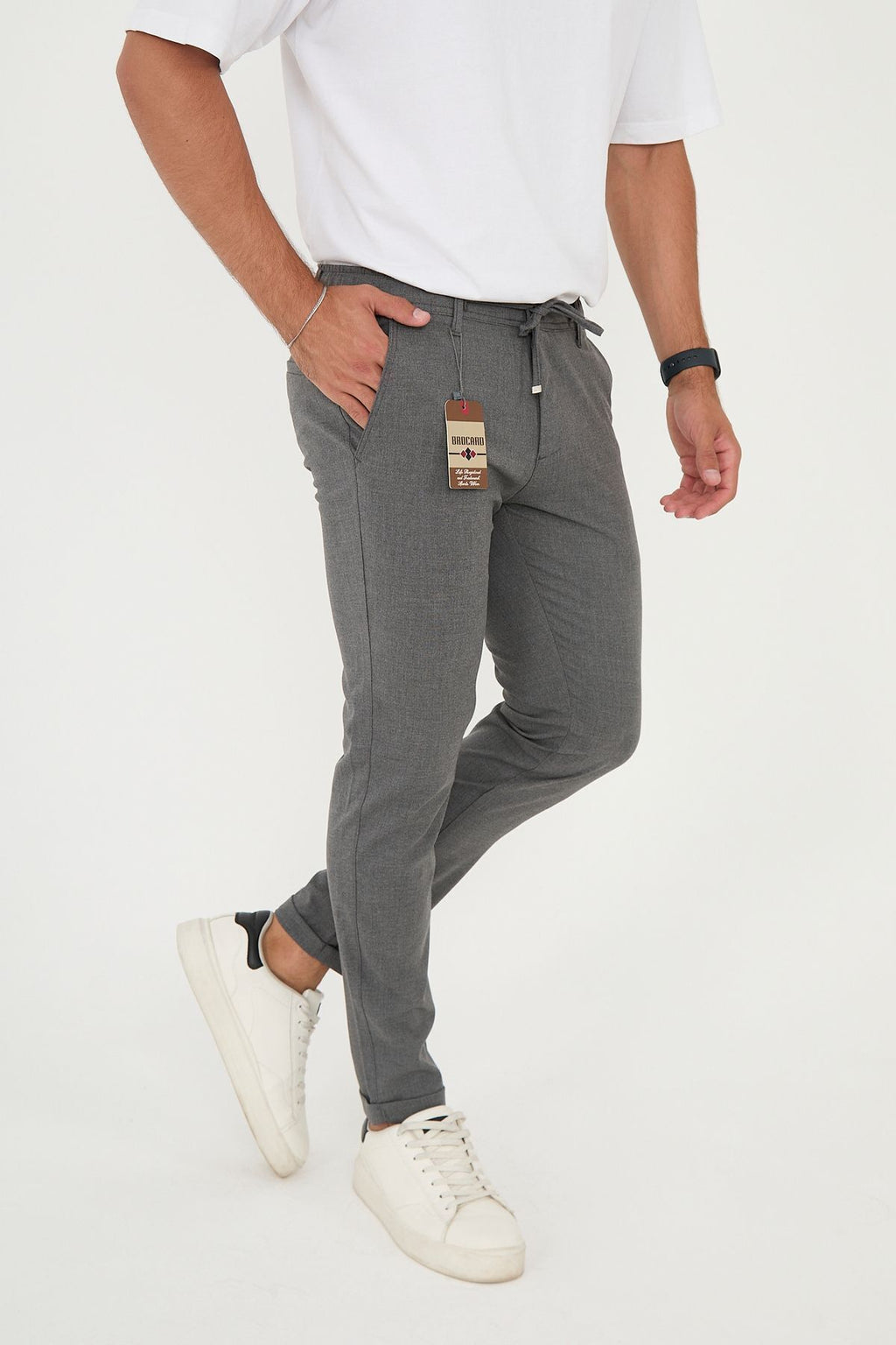 Erkek Jogger Slim Fit Bel Yarım Lastikli Duble Paça Kumaş Pantolon - Koyu Gri