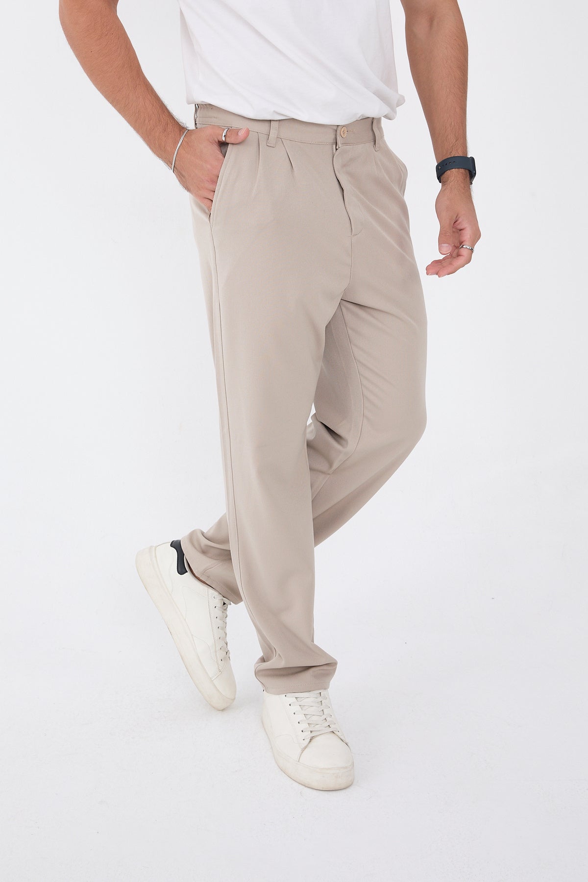 Erkek Kışlık Baggy Likralı Kumaş Pantolon - Bej