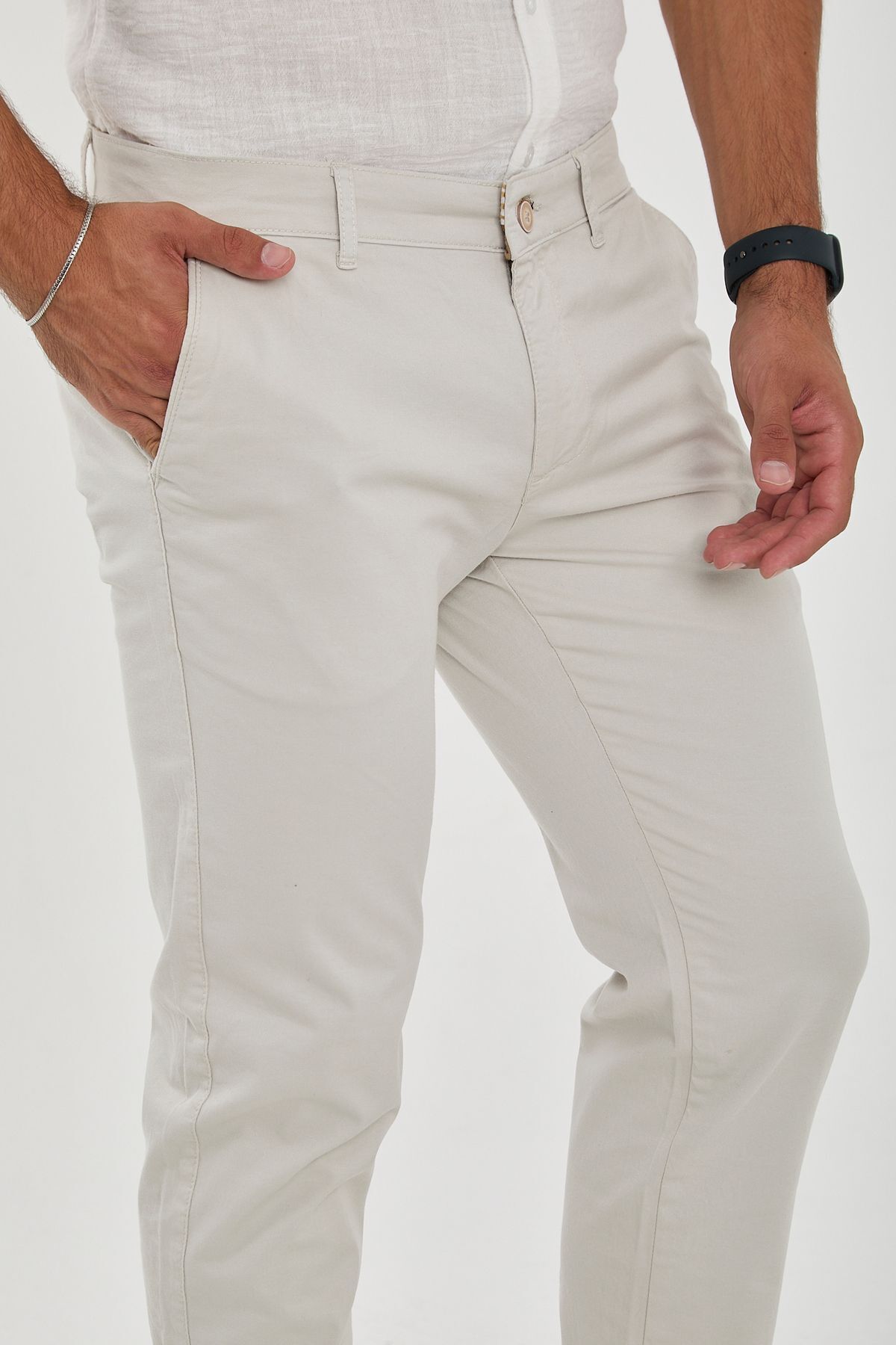 Erkek Likralı Slim Fit Chino Pantolon - Taş