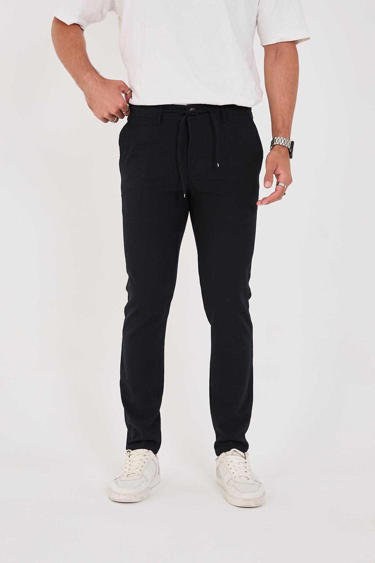 Erkek Gofre Kumaş Likralı Jogger Slim Fit Pantolon - Lacivert