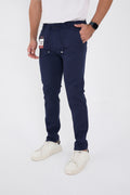 Erkek Mevsimlik Jogger Slim Fit Bel Yarım Lastikli Likralı Keten Pantolon - Lacivert