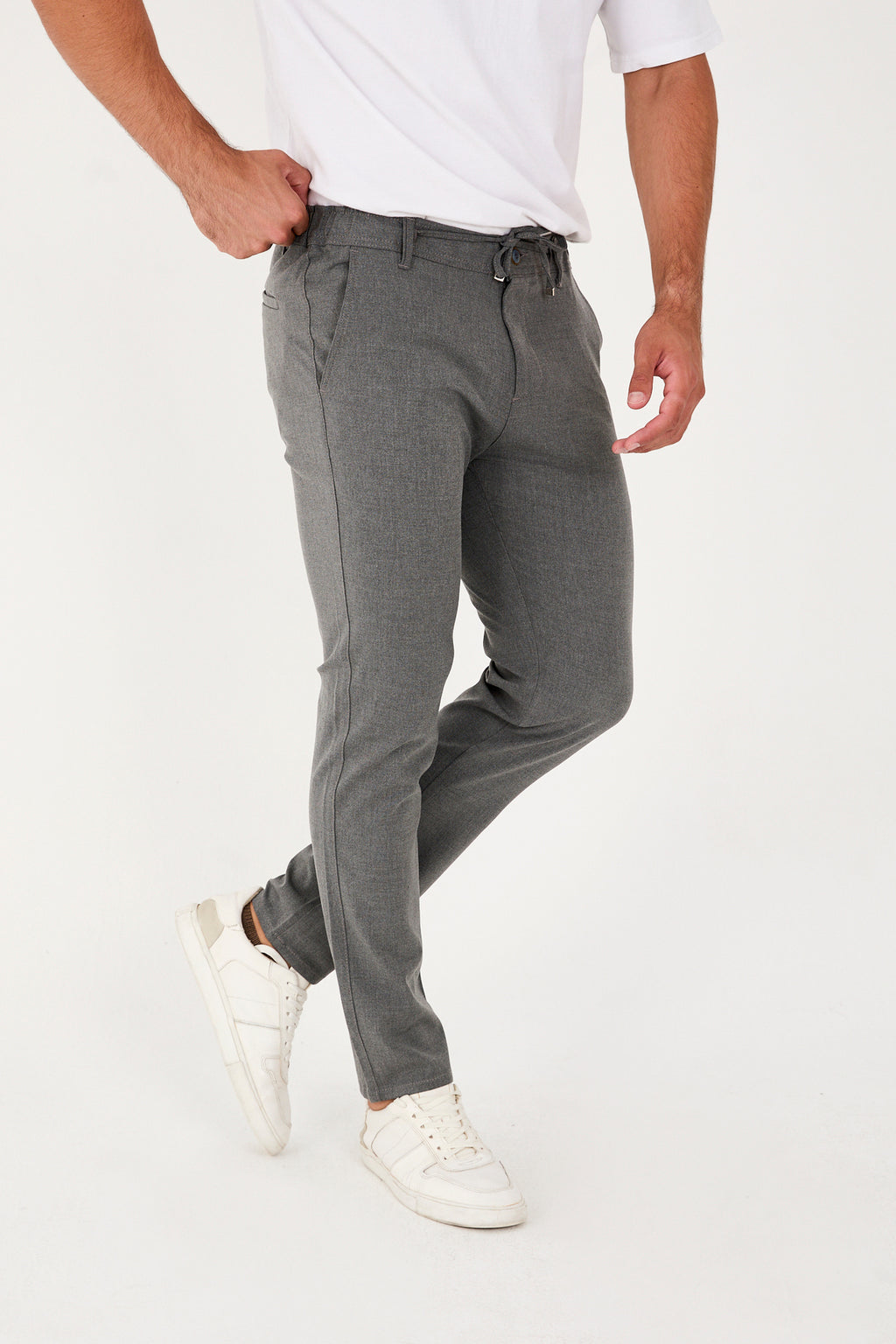 Erkek Jogger Slim Fit Bel Yarım Lastikli Likralı Kumaş Pantolon - Koyu Gri