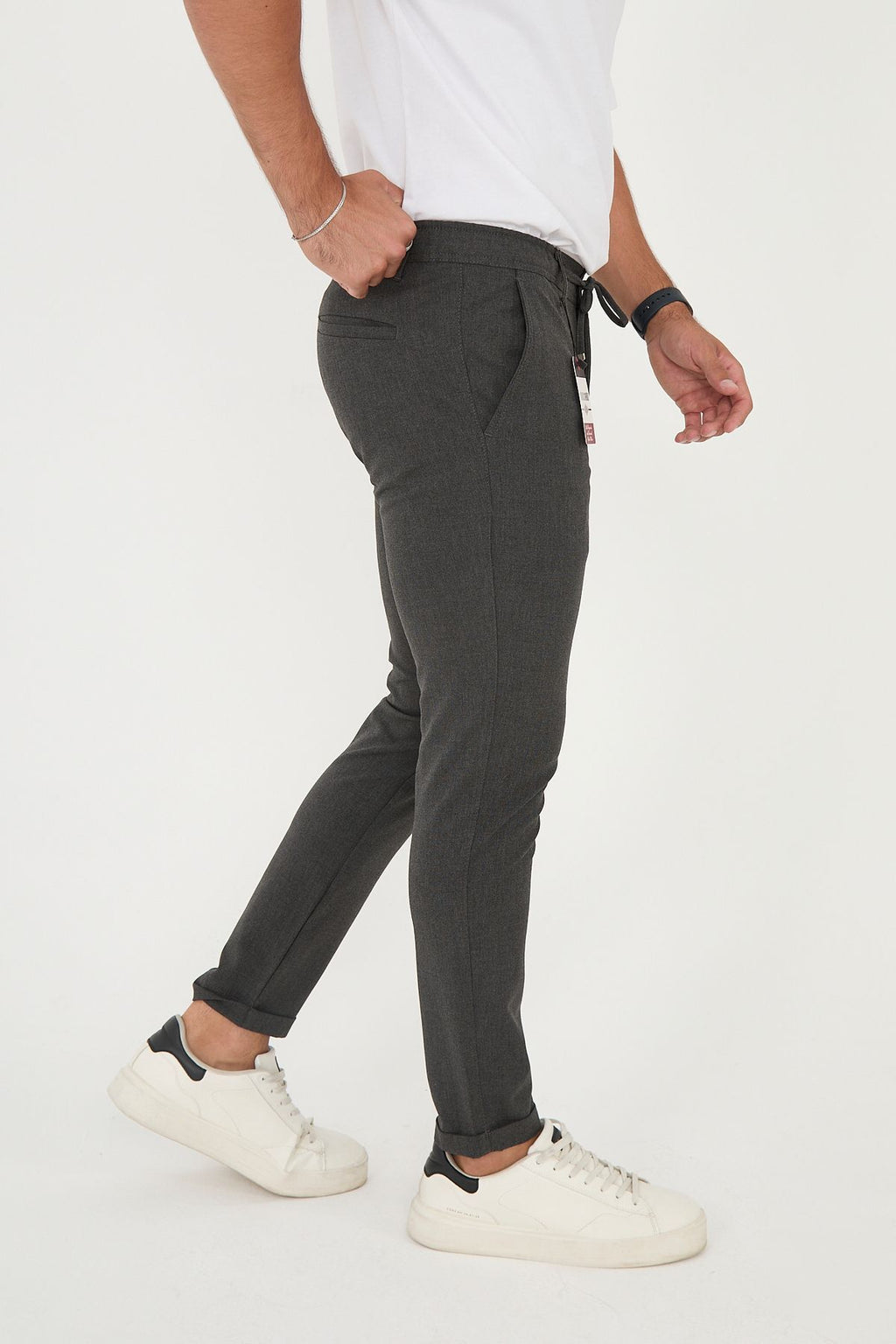 Erkek Jogger Slim Fit Bel Yarım Lastikli Duble Paça Kumaş Pantolon - Antrasit