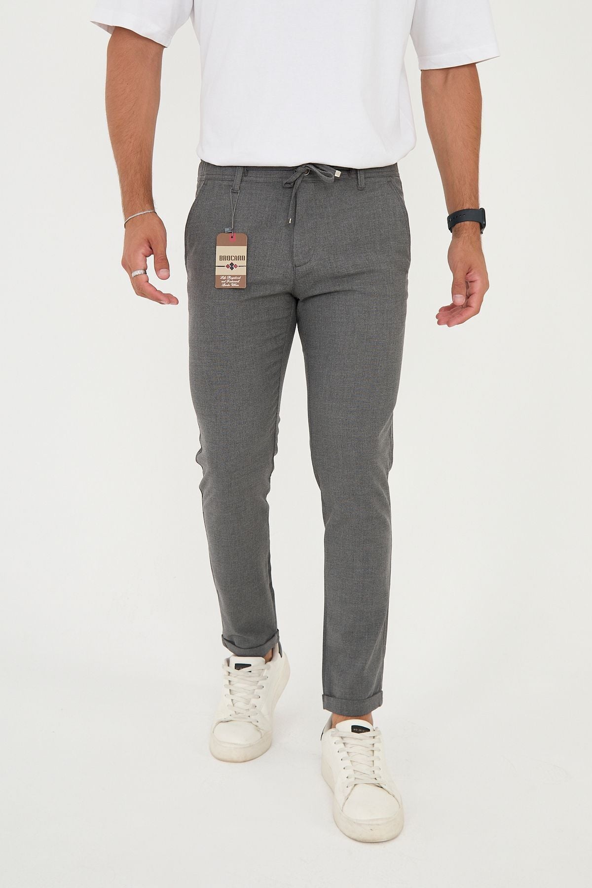 Erkek Jogger Slim Fit Bel Yarım Lastikli Duble Paça Kumaş Pantolon - Koyu Gri