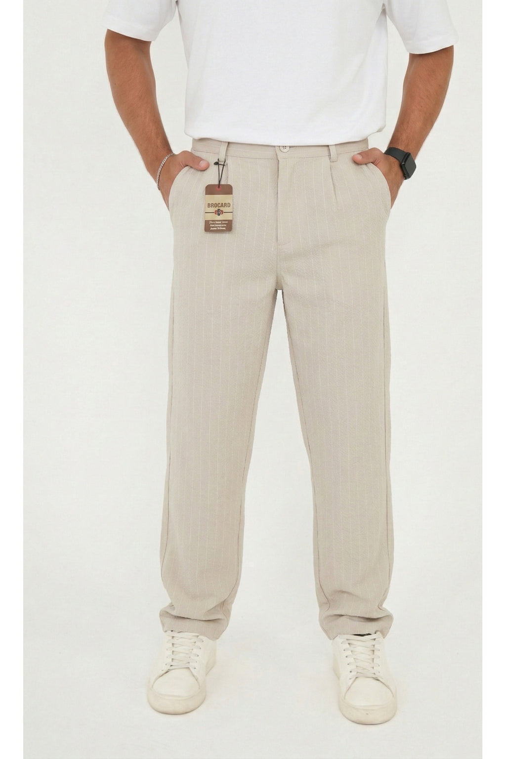 Erkek Çizgili Gofre Baggy Pantolon - Bej