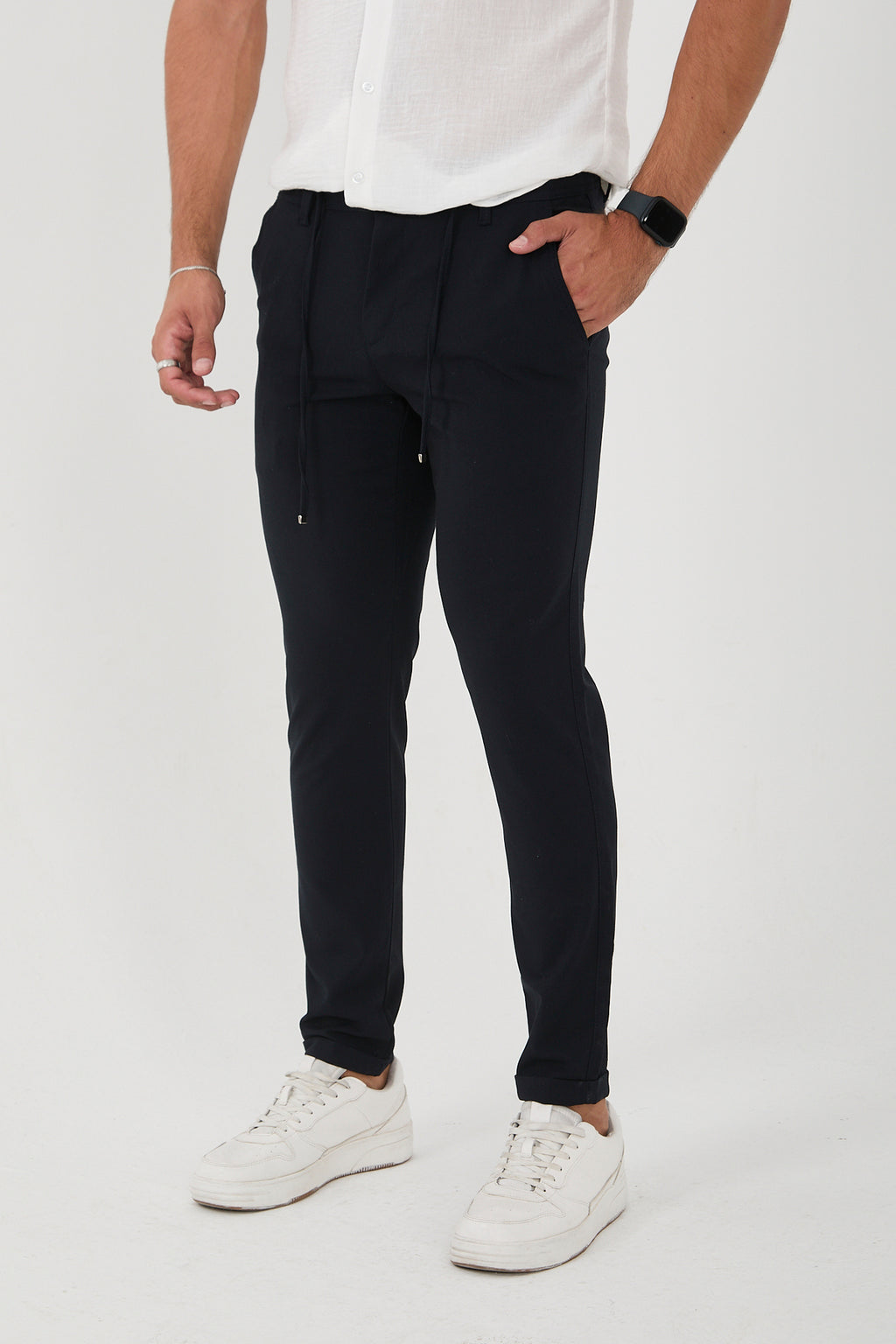 Erkek Jogger Slim Fit Bel Yarım Lastikli Duble Paça Kumaş Pantolon - Lacivert