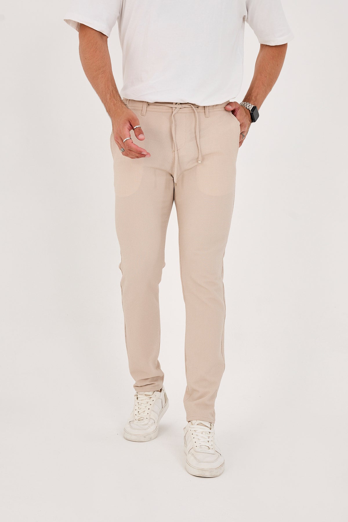 Erkek Gofre Kumaş Likralı Jogger Slim Fit Pantolon - Bej