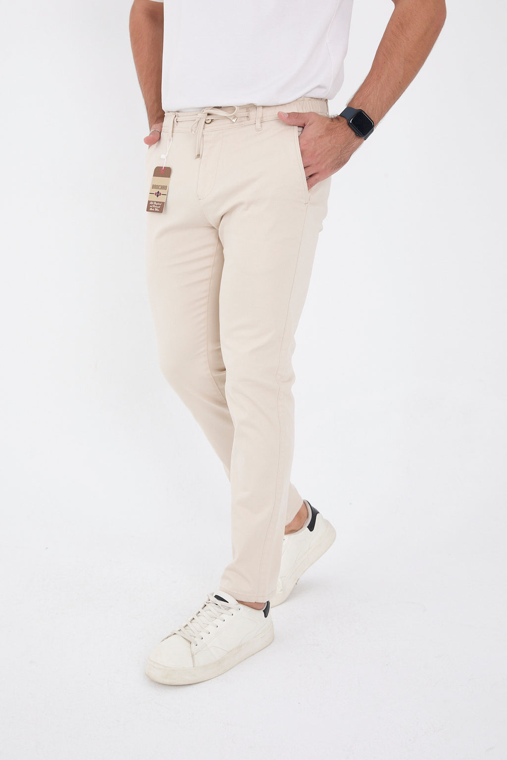 Erkek Mevsimlik Jogger Slim Fit Bel Yarım Lastikli Likralı Keten Pantolon - Taş