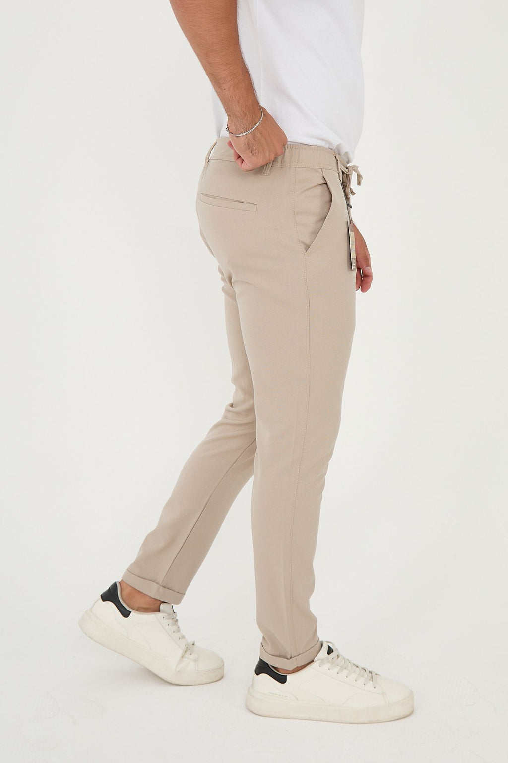 Erkek Jogger Slim Fit Bel Yarım Lastikli Duble Paça Kumaş Pantolon - Bej