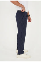 Erkek Çizgili Gofre Baggy Pantolon - Lacivert