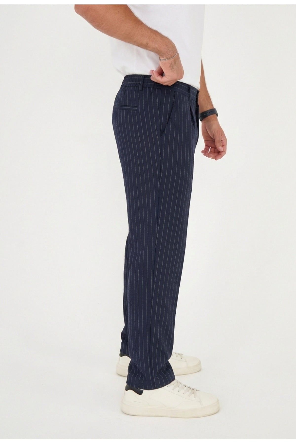 Erkek Çizgili Gofre Baggy Pantolon - Lacivert