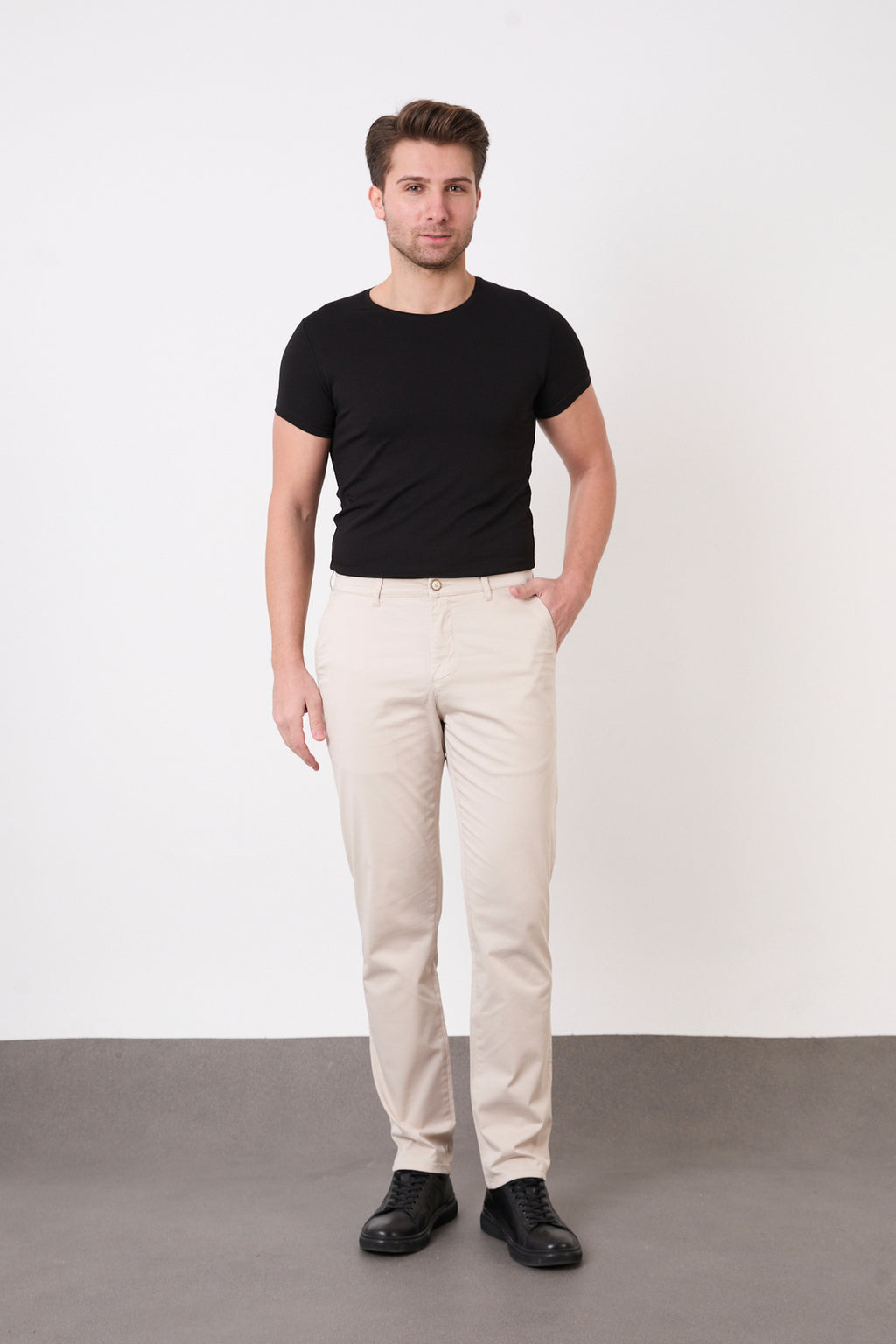 Erkek Regular Fit Geniş Kesim Likralı Pamuklu Chino Kanvas Pantolon - Bej