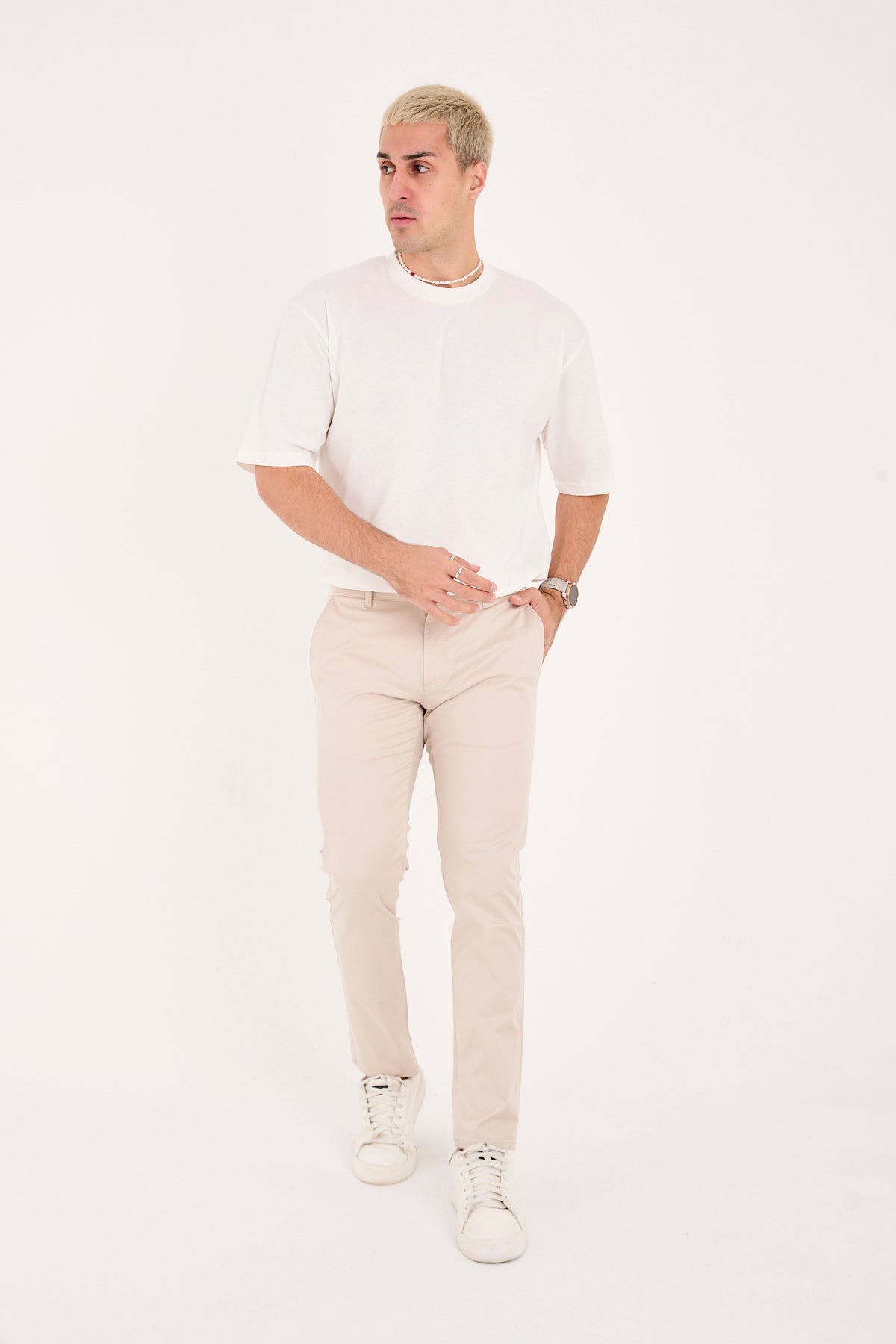 Erkek Slim Fit Dar Kesim Likralı Pamuklu Chino Kanvas Pantolon - Bej