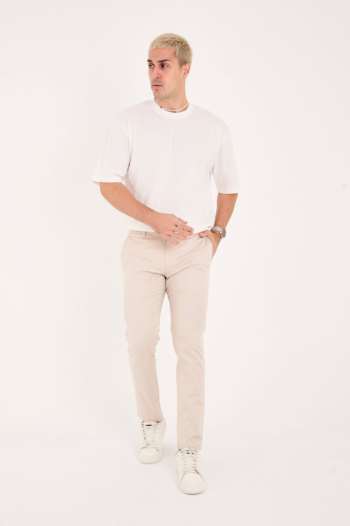 Erkek Slim Fit Dar Kesim Likralı Pamuklu Chino Kanvas Pantolon - Bej