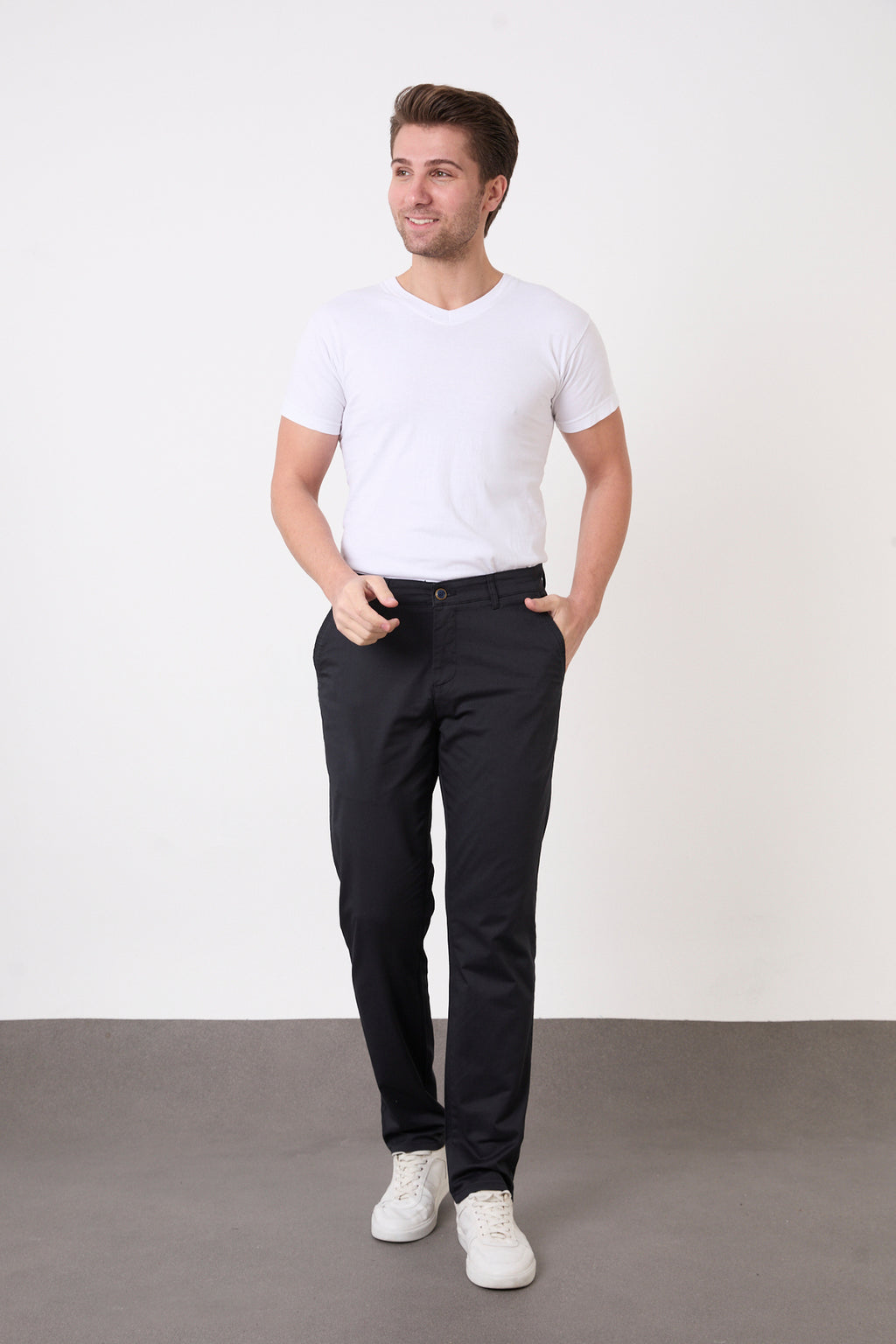 Erkek Regular Fit Geniş Kesim Likralı Pamuklu Chino Kanvas Pantolon - Lacivert