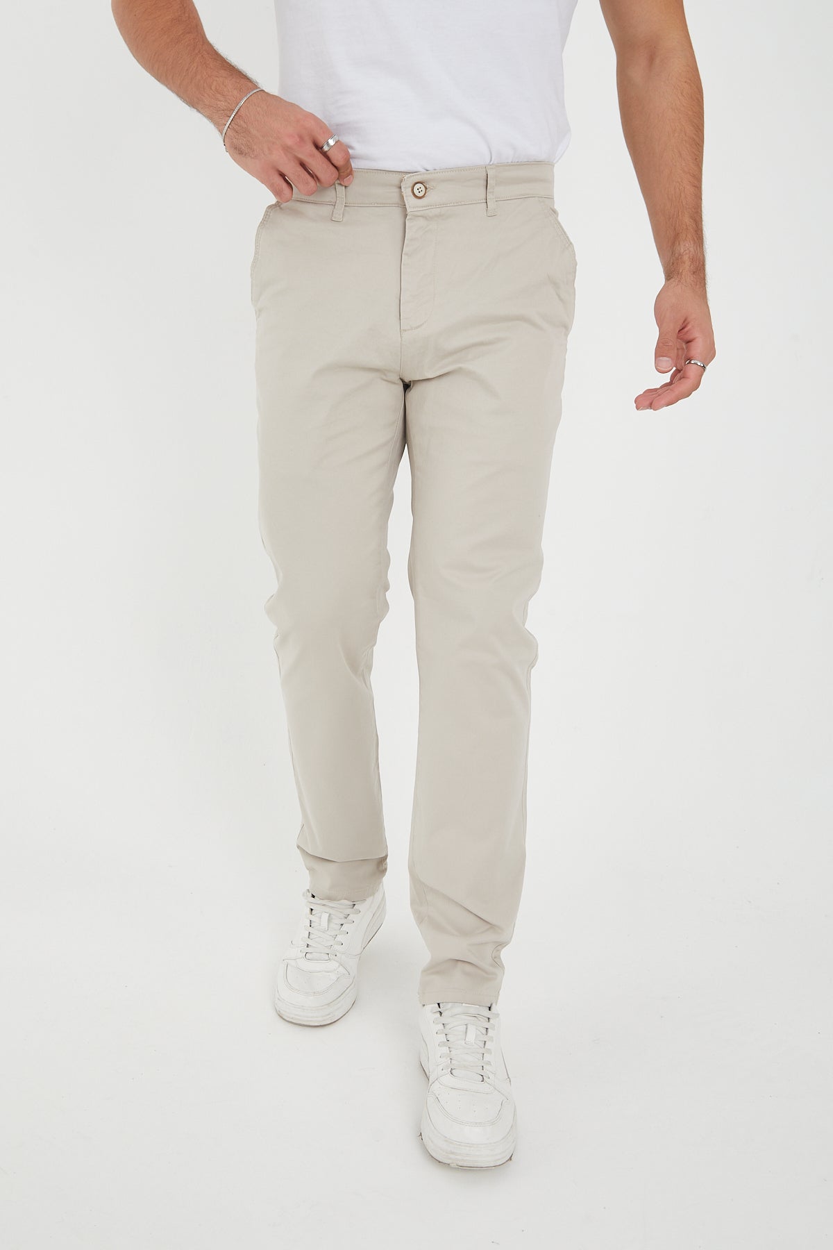 Erkek Kışlık Regular Fit Likralı Gabardin Chino Pantolon - Taş