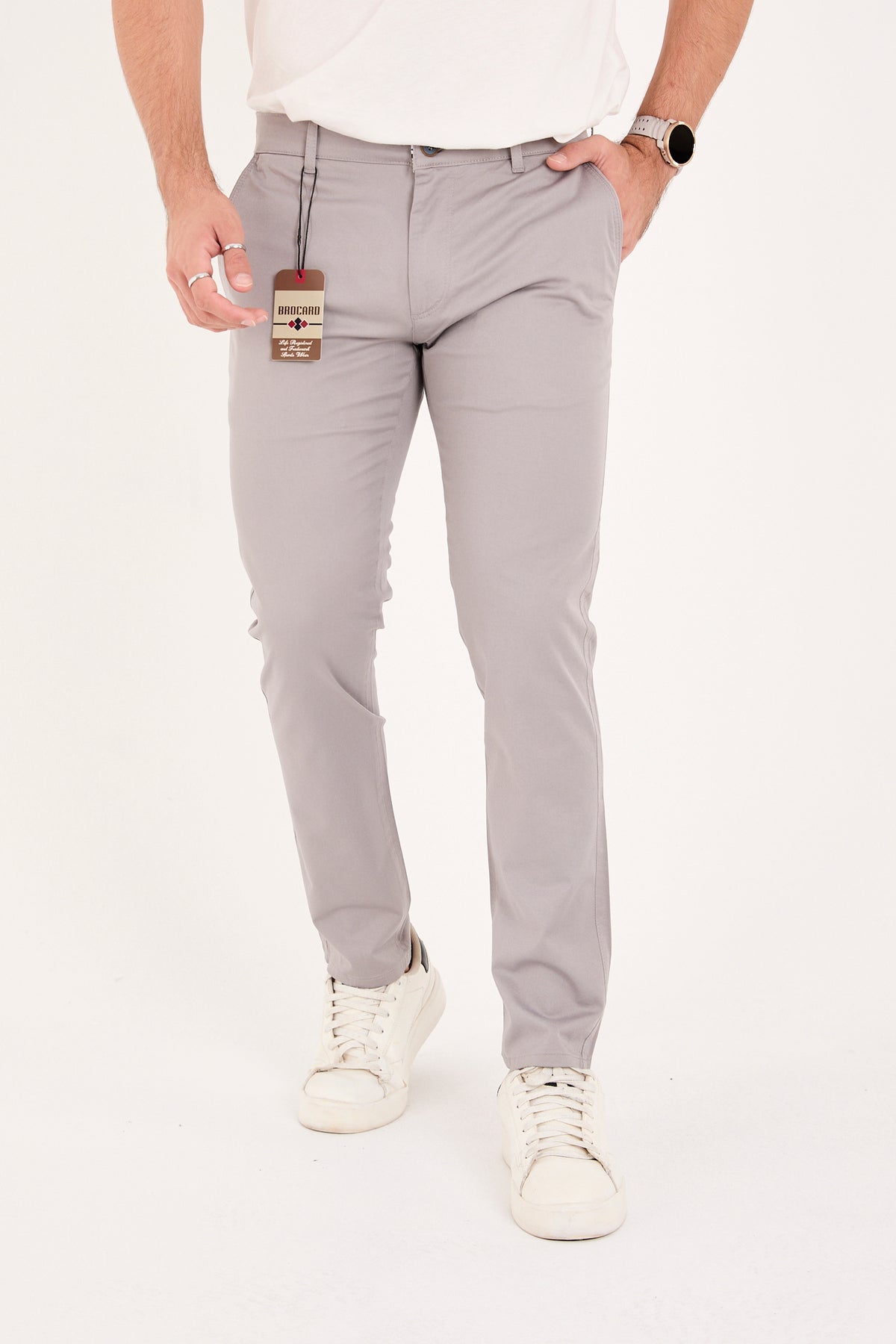 Erkek Slim Fit Dar Kesim Likralı Pamuklu Chino Kanvas Pantolon - Gri