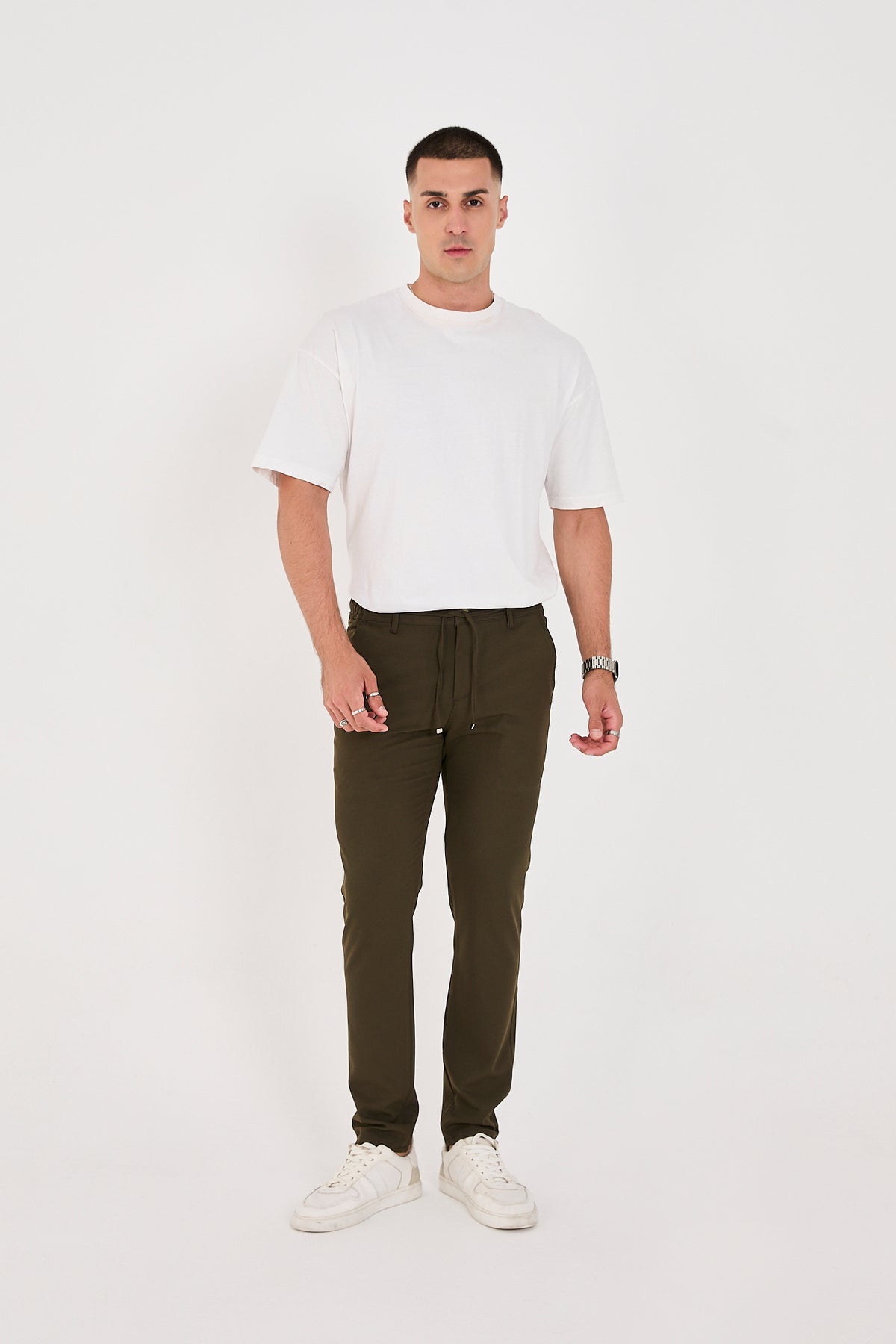 Erkek Jogger Slim Fit Bel Yarım Lastikli Likralı Kumaş Pantolon - Haki