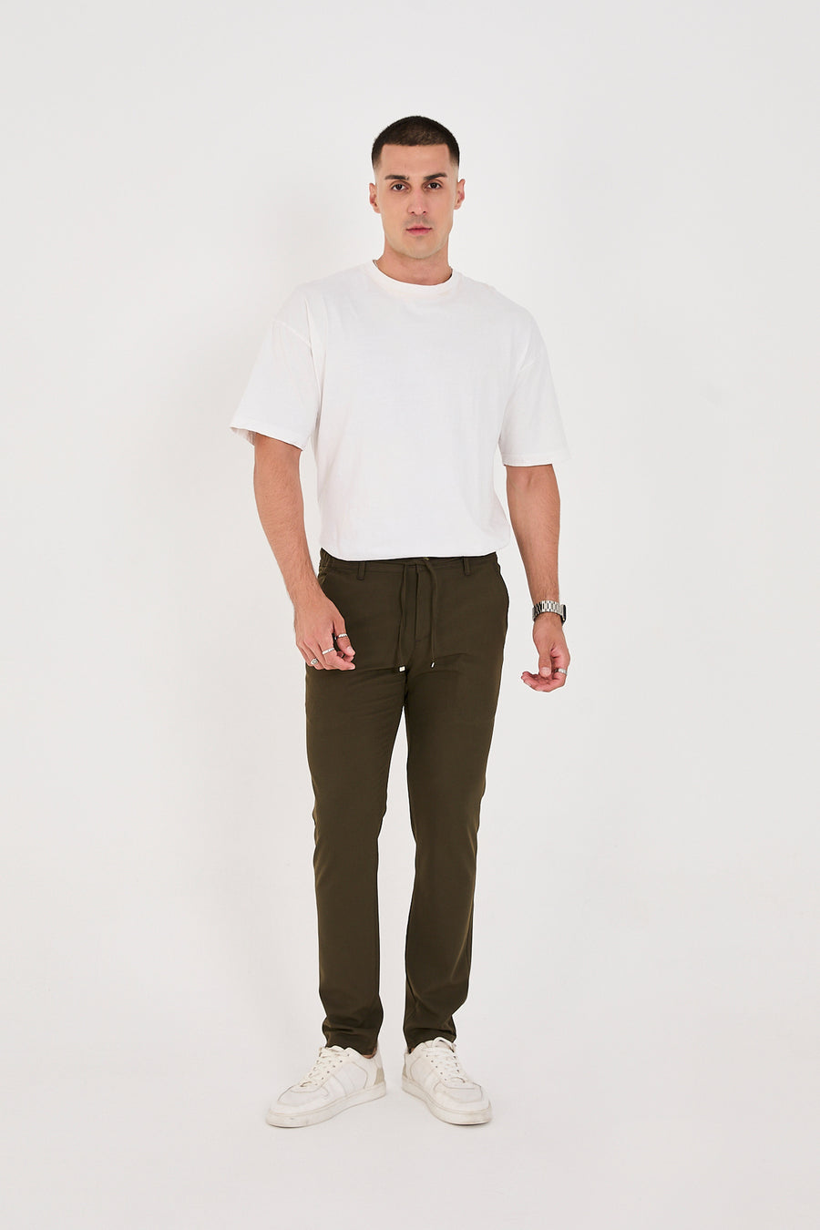 Erkek Jogger Slim Fit Bel Yarım Lastikli Likralı Kumaş Pantolon - Haki