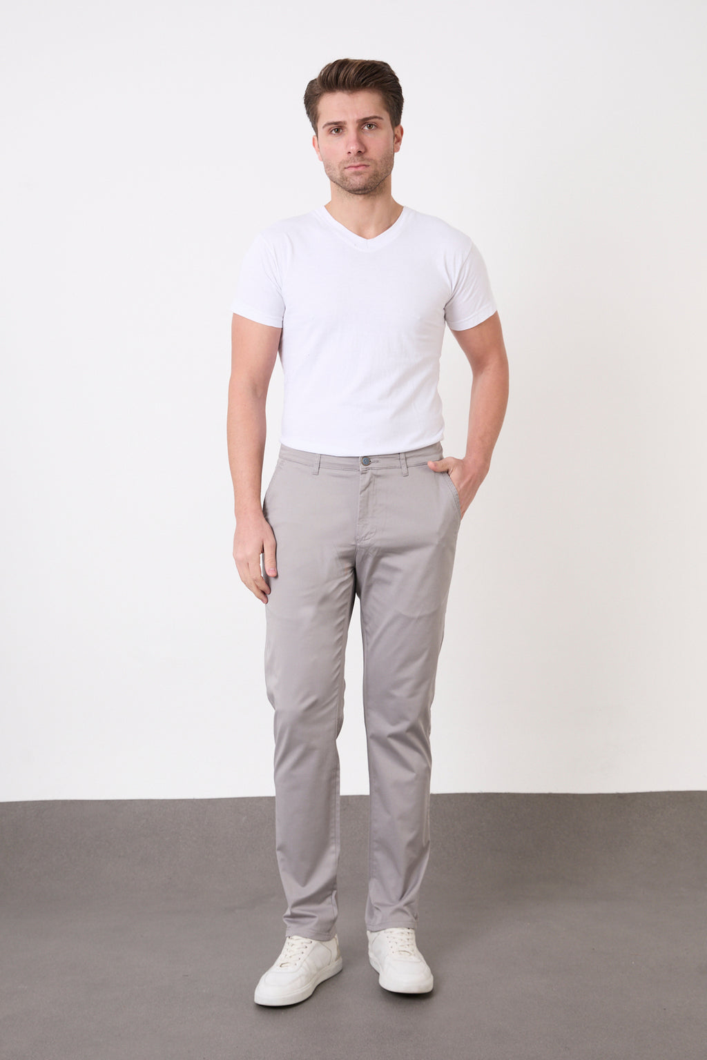 Erkek Regular Fit Geniş Kesim Likralı Pamuklu Chino Kanvas Pantolon - Gri