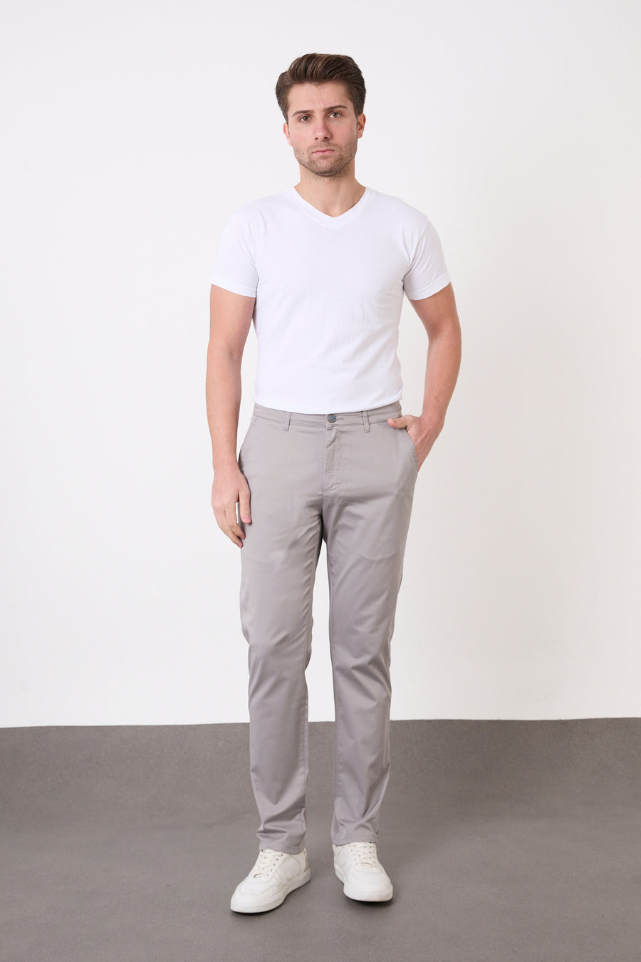 Erkek Regular Fit Geniş Kesim Likralı Pamuklu Chino Kanvas Pantolon - Gri