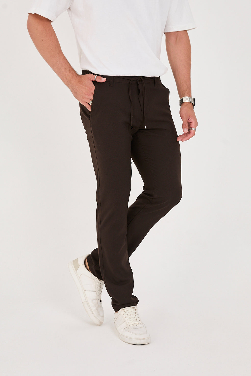 Erkek Jogger Slim Fit Bel Yarım Lastikli Likralı Kumaş Pantolon - Kahverengi