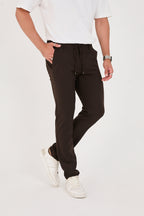 Erkek Jogger Slim Fit Bel Yarım Lastikli Likralı Kumaş Pantolon - Kahverengi